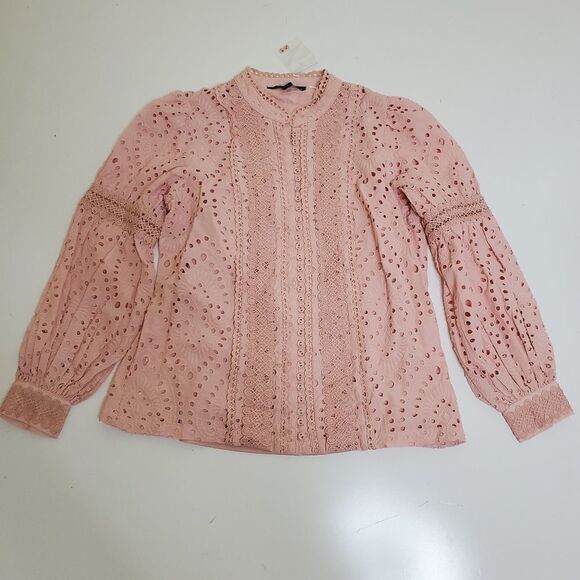 $140 NEW Boston Proper EYELET NUDE PINK FEMININE CAMI LONG SLEEVE TOP MEDIUM NWT - Picture 7 of 10